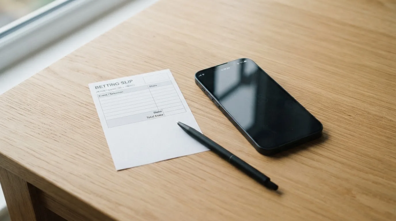 Ein leerer Papier-Wettschein liegt neben einem Smartphone mit dunklem Display auf einer hellen Tischplatte, daneben ein Kugelschreiber.