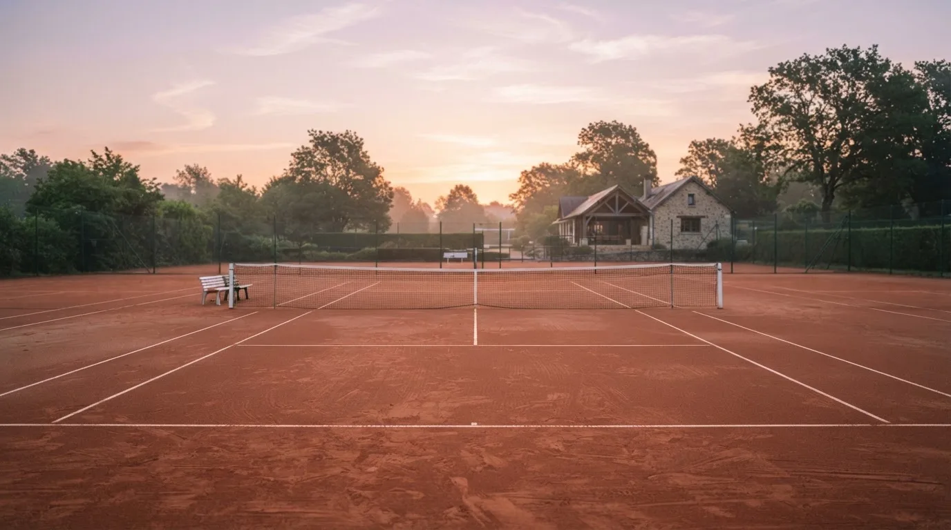 Ein Tennisplatz bei Sonnenaufgang, Netz und Grundlinien im weichen Licht, niemand ist zu sehen.