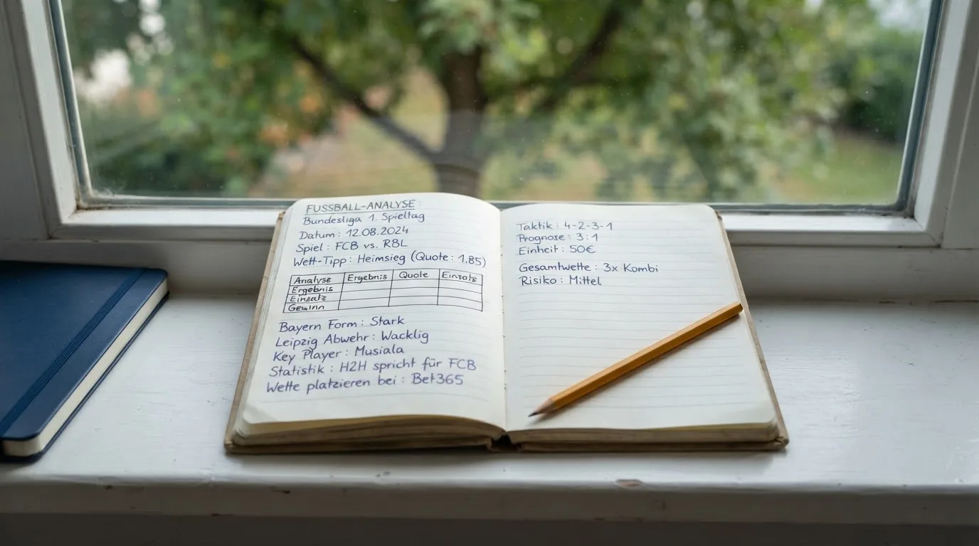 Ein aufgeschlagenes Notizbuch mit handschriftlichen Skizzen und ein Bleistift liegen auf einer Fensterbank im Tageslicht.