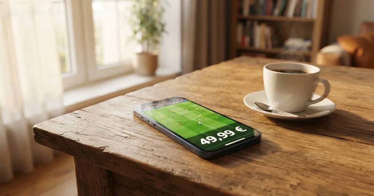 Ein Smartphone mit dunklem Display liegt auf einem Holztisch neben einer Tasse Kaffee, im Hintergrund ein unscharfes Fenster.