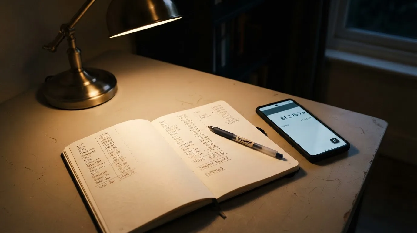 Ein Taschenrechner und ein Notizbuch mit handschriftlichen Zahlenreihen liegen auf einem Schreibtisch unter einer Lampe.