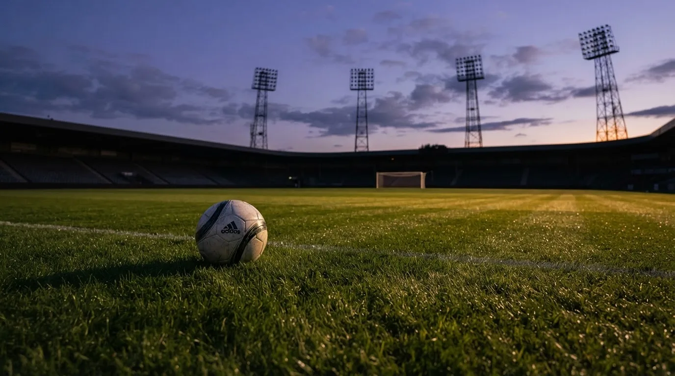 Ein Fußball liegt im Gras eines leeren Platzes, im Hintergrund stehen Flutlichtmasten in der Dämmerung.