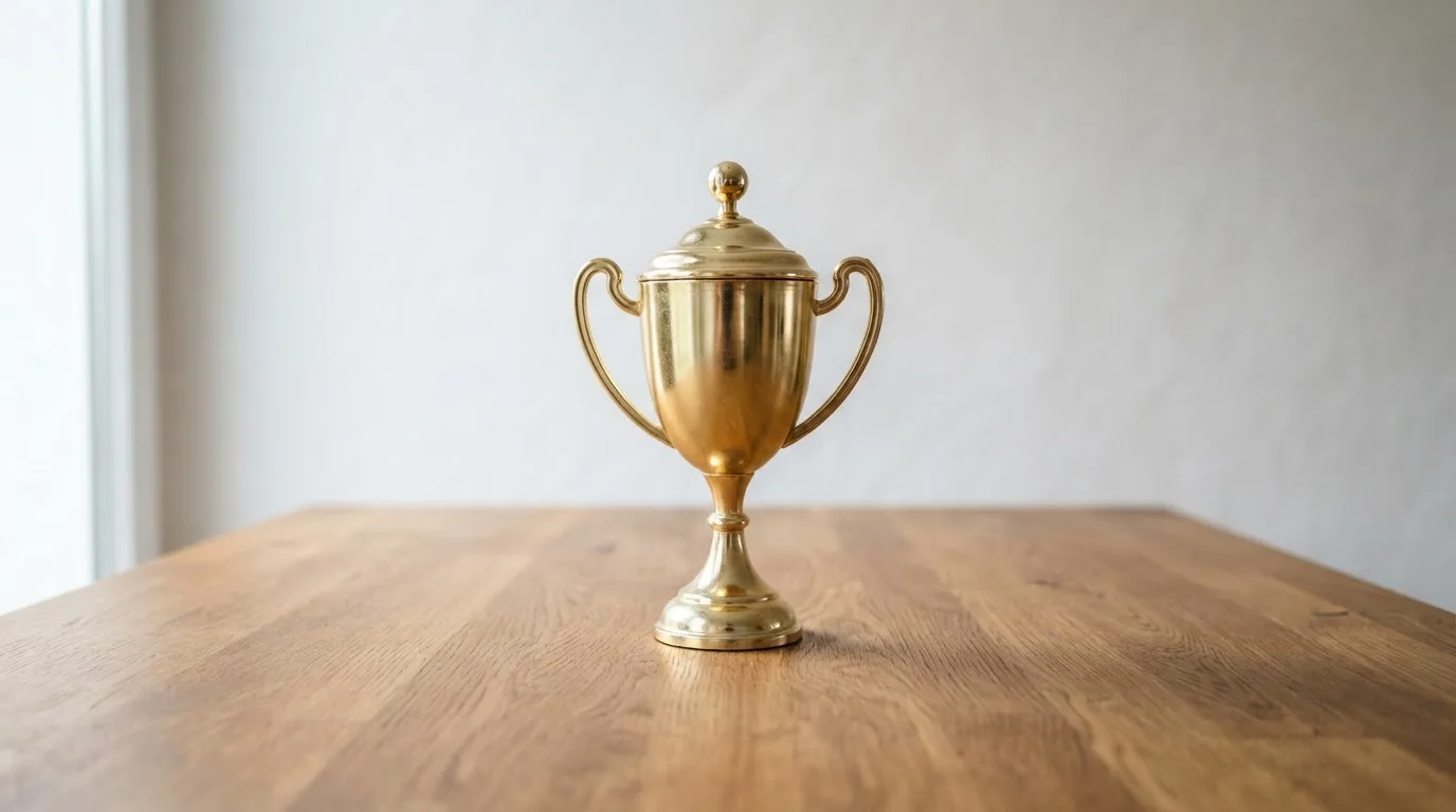 Ein Pokal ohne Gravur steht allein auf einem Holztisch vor einer hellen Wand, davon fällt ein weicher Schatten.
