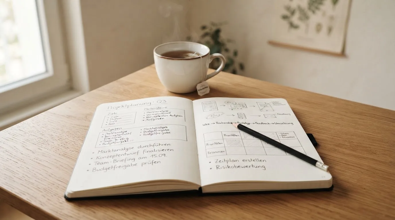 Ein aufgeschlagenes Notizbuch mit handschriftlichen Skizzen und ein Bleistift liegen auf einem Schreibtisch neben einer Tasse Tee.