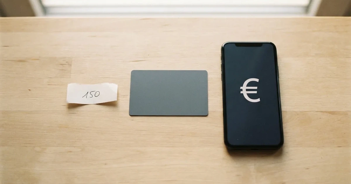 Eine Plastikkarte ohne Aufdruck liegt neben Münzen und einem Smartphone mit dunklem Display auf einem hellen Tisch.