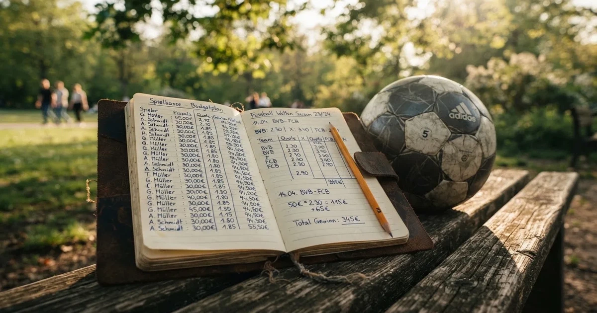 Ein Notizbuch mit handschriftlichen Zahlenkolonnen und ein Bleistift liegen neben einem Fußball auf einer Holzbank.