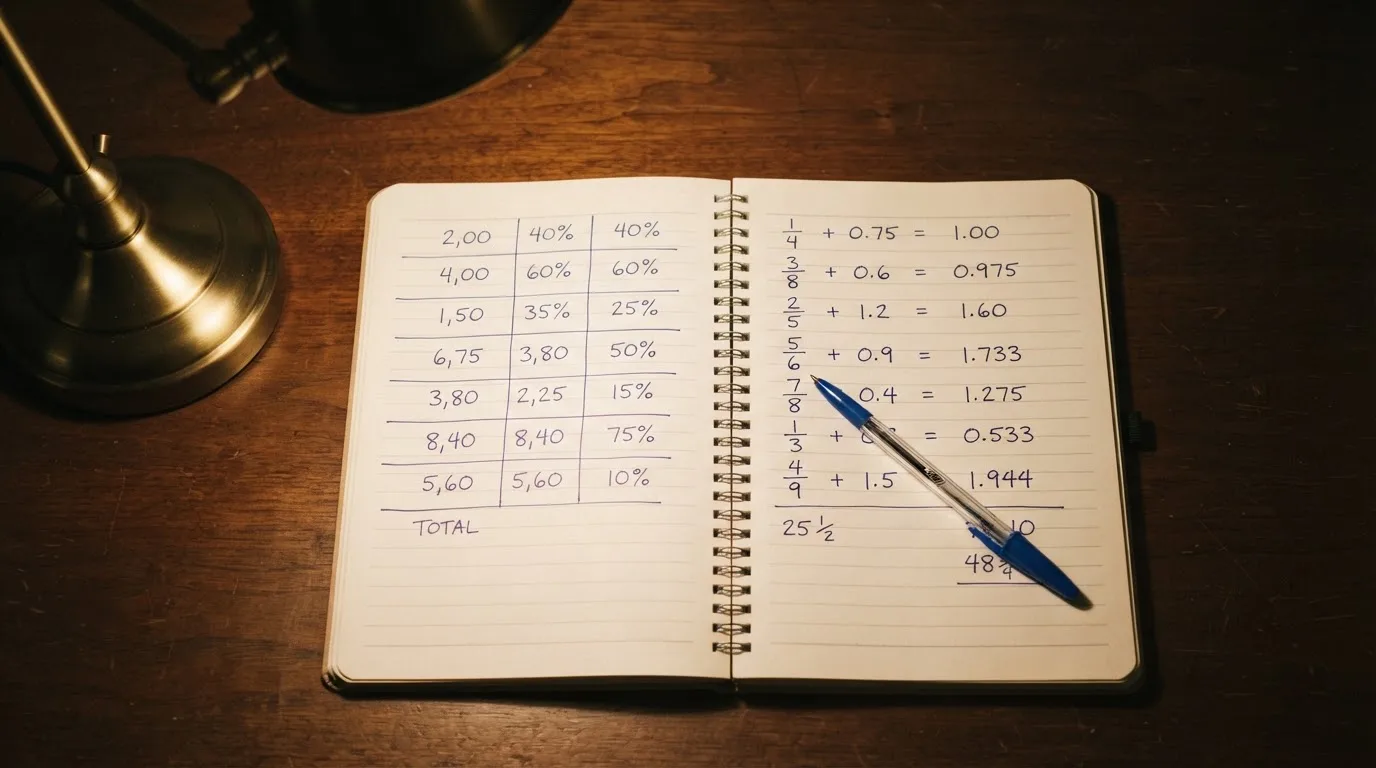 Ein Taschenrechner und ein aufgeschlagenes Notizbuch mit handschriftlichen Zahlenreihen liegen unter einer Schreibtischlampe.