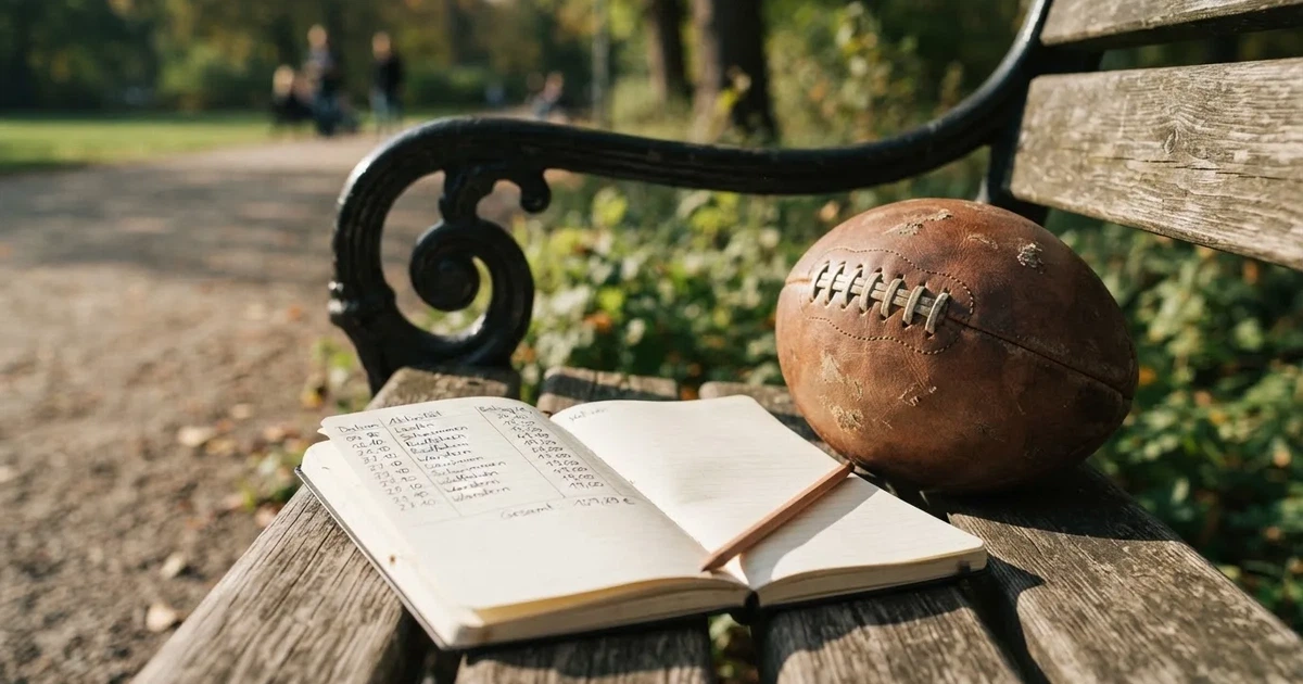 Ein Notizbuch mit handschriftlichen Zahlenkolonnen und ein Bleistift liegen neben einem Fußball auf einer Holzbank.