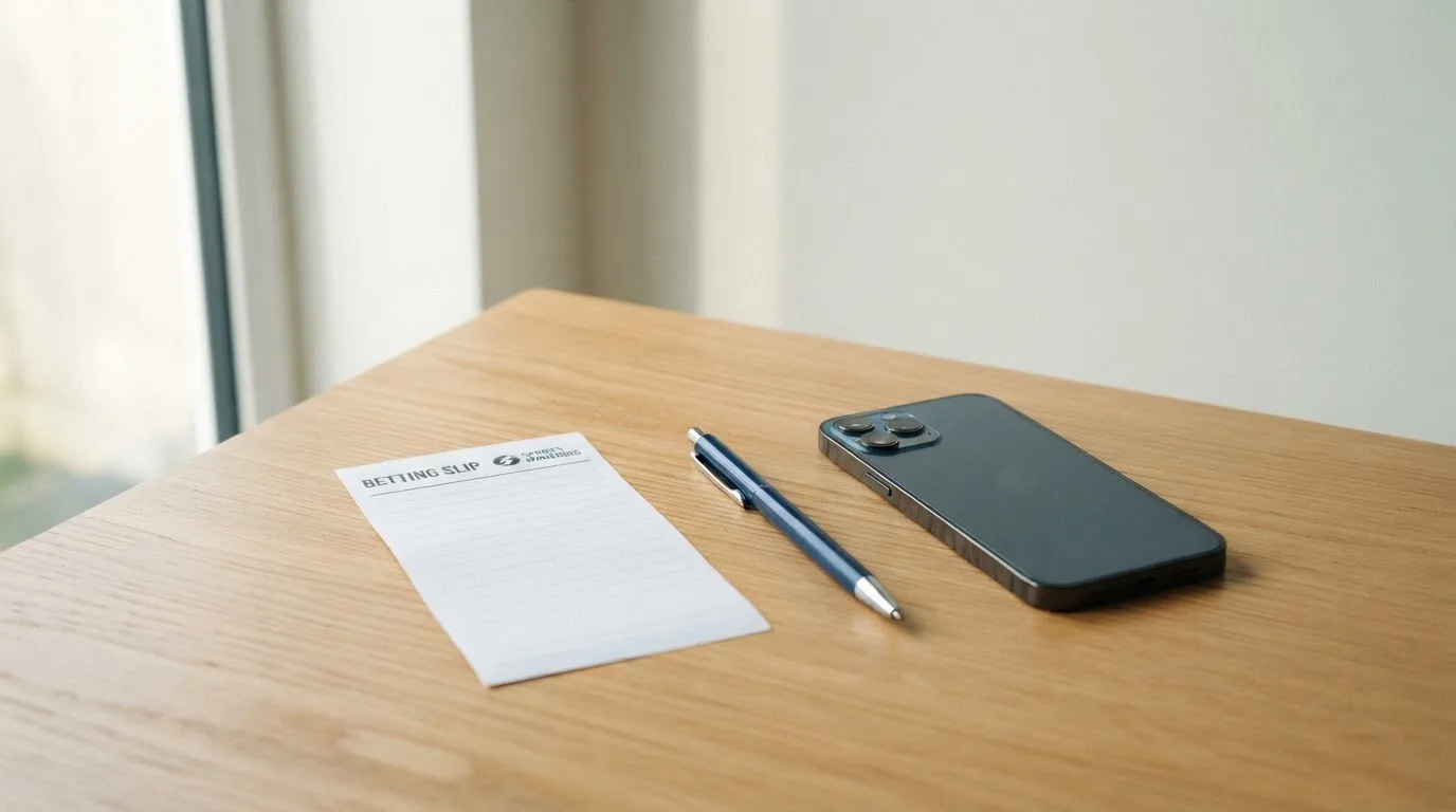 Ein leerer Papier-Wettschein und ein Kugelschreiber liegen neben einem Smartphone mit dunklem Display auf einem Tisch am Fenster.