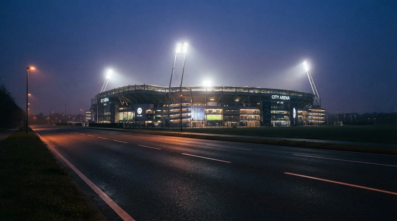 Ein Stadion unter Flutlicht aus der Ferne gesehen, davor eine leere Straße in der Abenddämmerung mit leichtem Dunst.