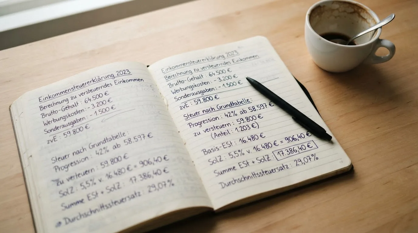 Ein Notizbuch mit handschriftlichen Rechnungen und ein Taschenrechner liegen auf einem hellen Schreibtisch neben einer Kaffeetasse.
