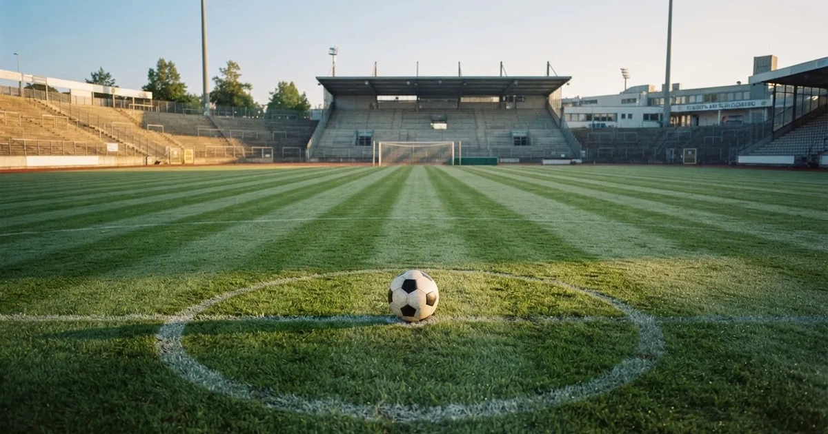 Ein Fußball liegt auf dem Anstoßpunkt eines Rasenplatzes, dahinter leere Tribünen im Licht des frühen Morgens.