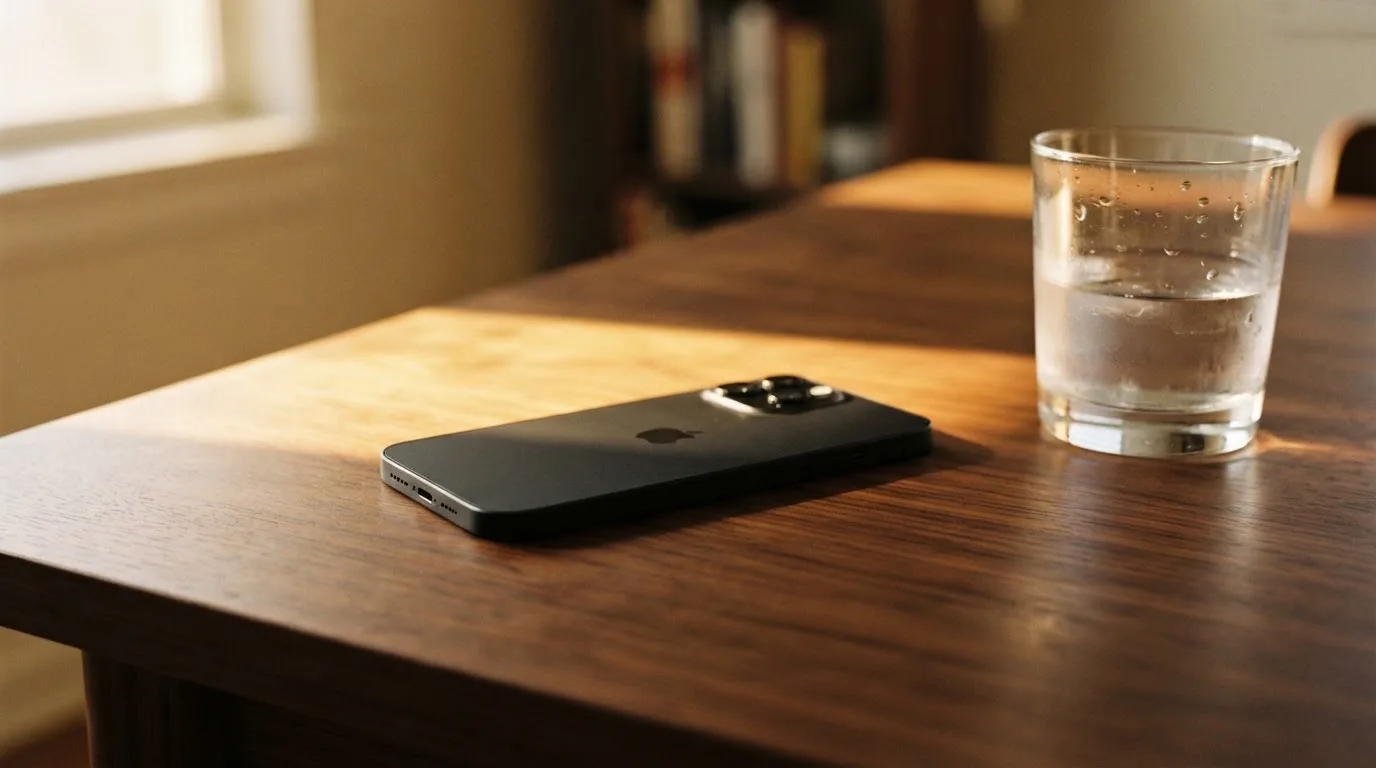 Ein Smartphone liegt mit dem Display nach unten auf einem Holztisch neben einem Glas Wasser, Abendlicht fällt durch ein Fenster.