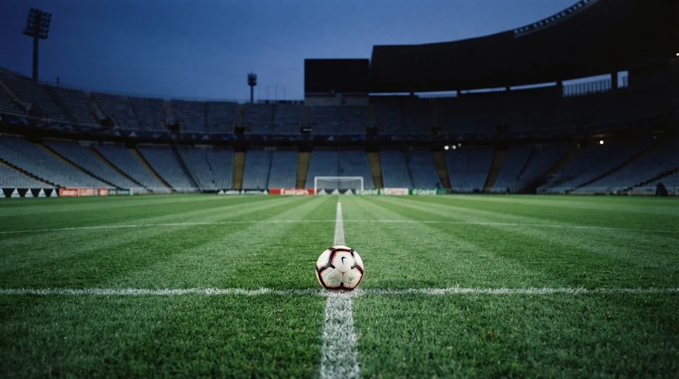 Ein Fußball liegt auf dem Anstoßpunkt eines leeren Rasenplatzes, dahinter ragen dunkle Ränge in den Abendhimmel.