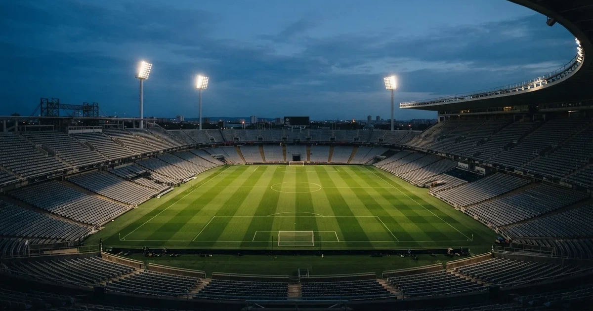 Ein Fußballstadion am Abend unter Flutlicht aus der Ferne gesehen, die Tribünen sind leicht beleuchtet und der Himmel dunkelblau.