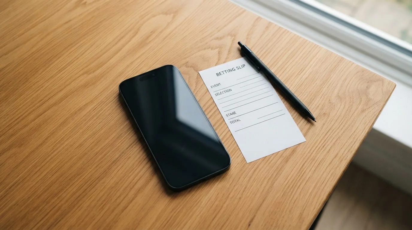 Ein Smartphone mit dunklem Display liegt neben einem leeren Papier-Wettschein und einem Stift auf einem Holztisch.