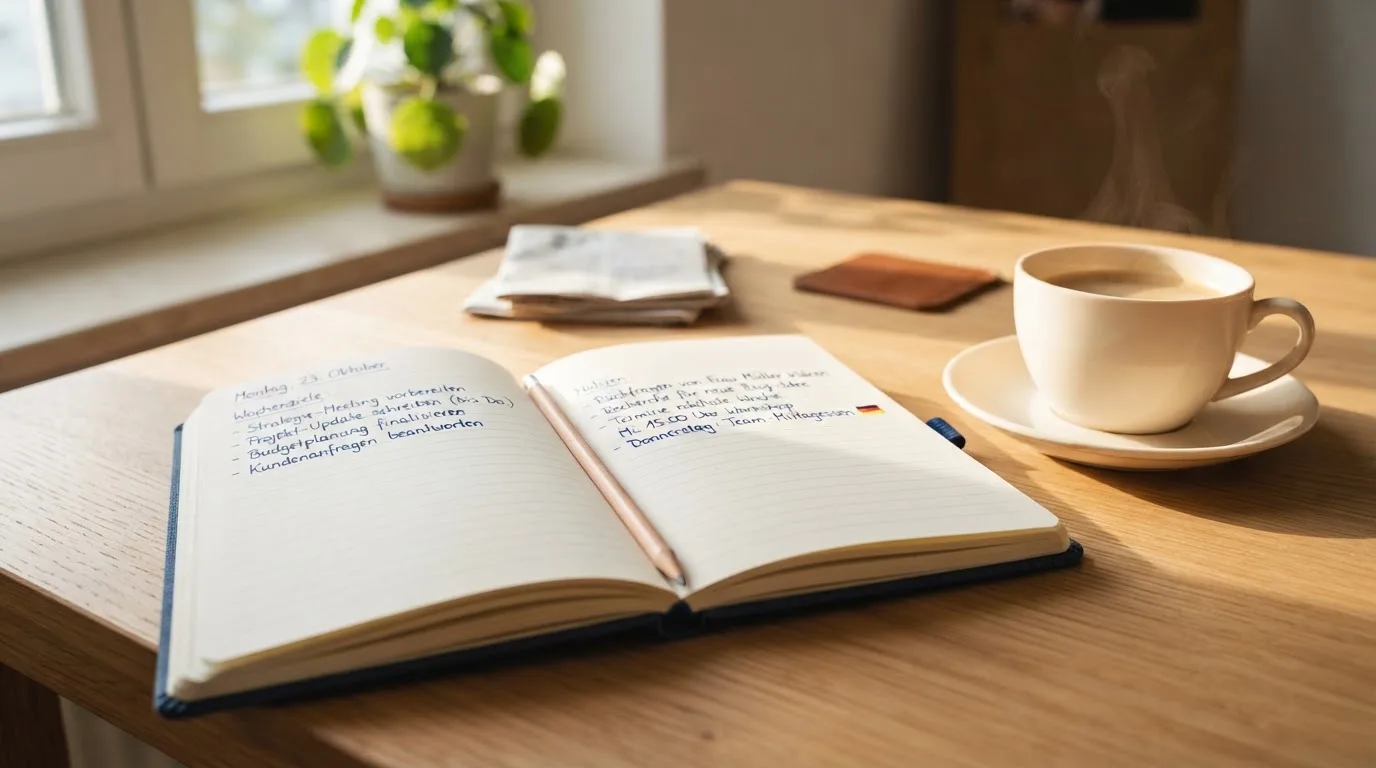 Ein Notizbuch mit handschriftlichen Notizen und einem Bleistift liegt auf einem Tisch, daneben steht eine Kaffeetasse im Morgenlicht.
