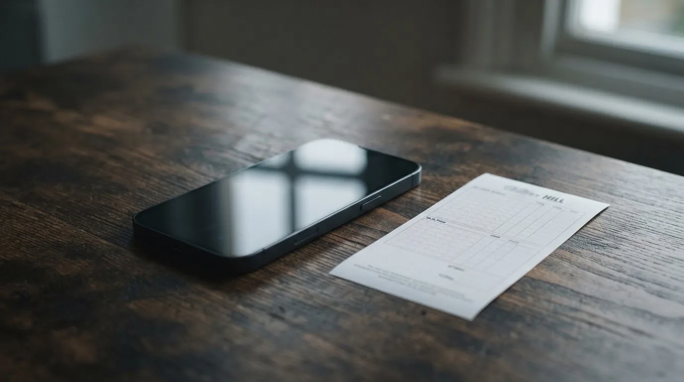 Ein Smartphone liegt mit dunklem Display auf einem Holztisch neben einem leeren Papier-Wettschein, Licht fällt von einem Fenster.