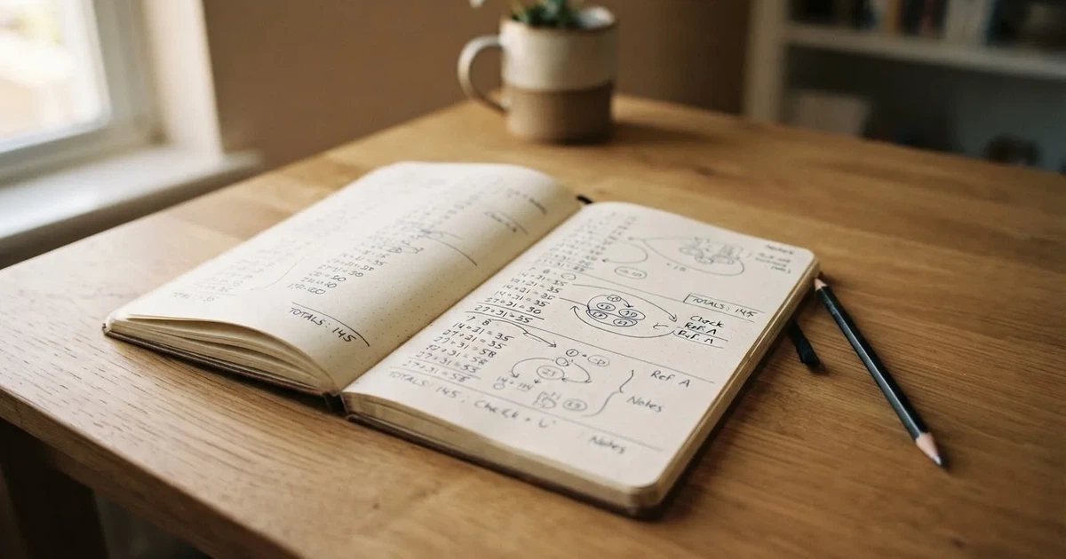 Ein Notizbuch mit handschriftlichen Notizen und einem Bleistift liegt neben einem Taschenrechner auf einem aufgeräumten Schreibtisch.