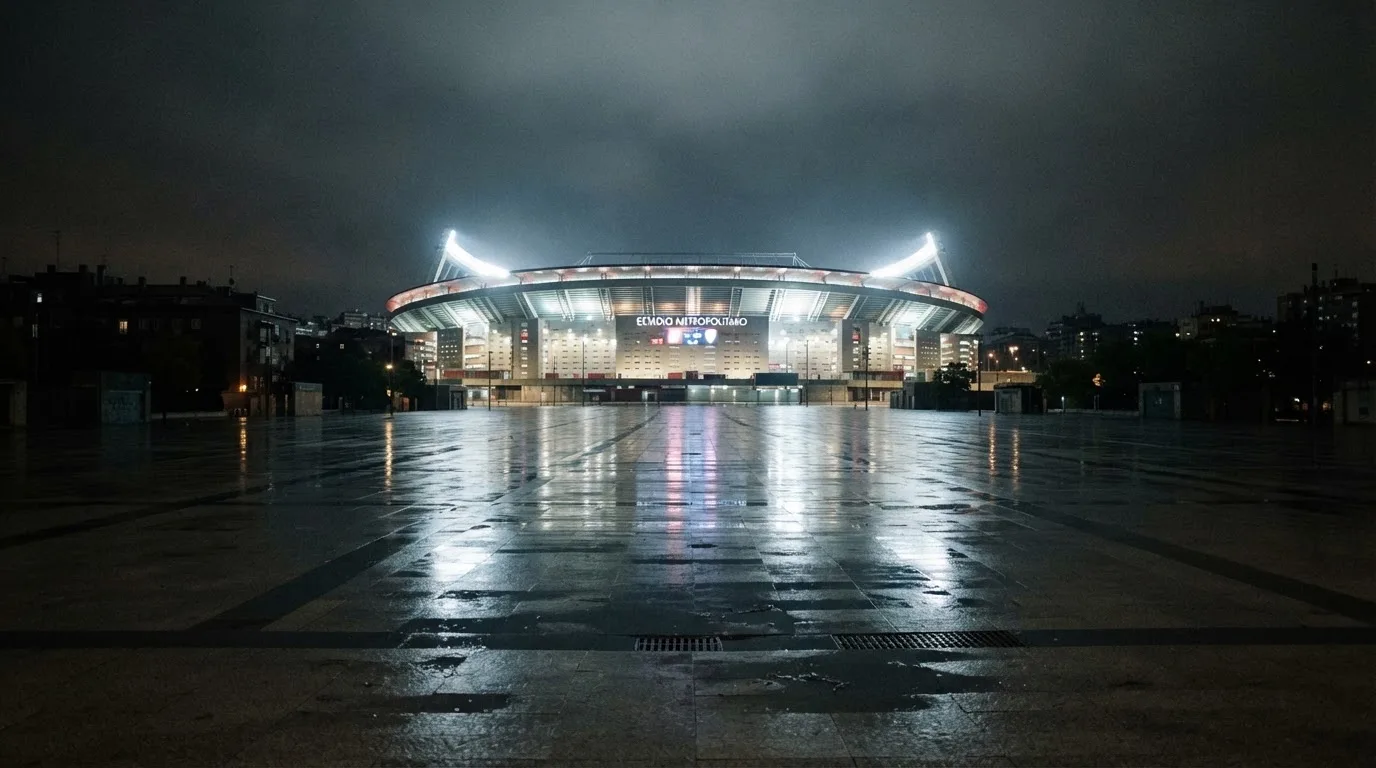 Ein Stadion unter Flutlicht von weitem betrachtet, davor ein stiller Platz bei Dunkelheit und feuchtem Asphalt.