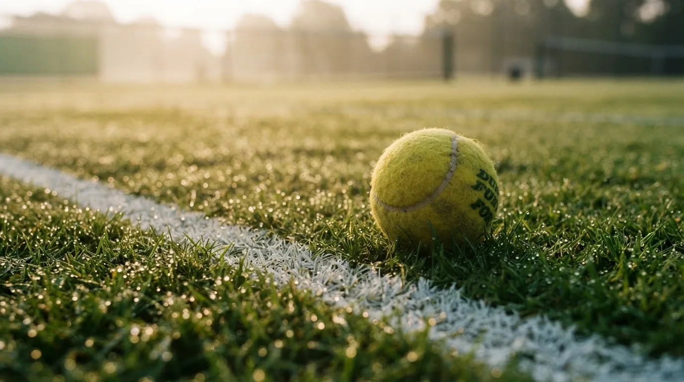 Ein Tennisball liegt auf frisch gemähtem Gras neben einer weißen Linie, Tautropfen glänzen im Gegenlicht.