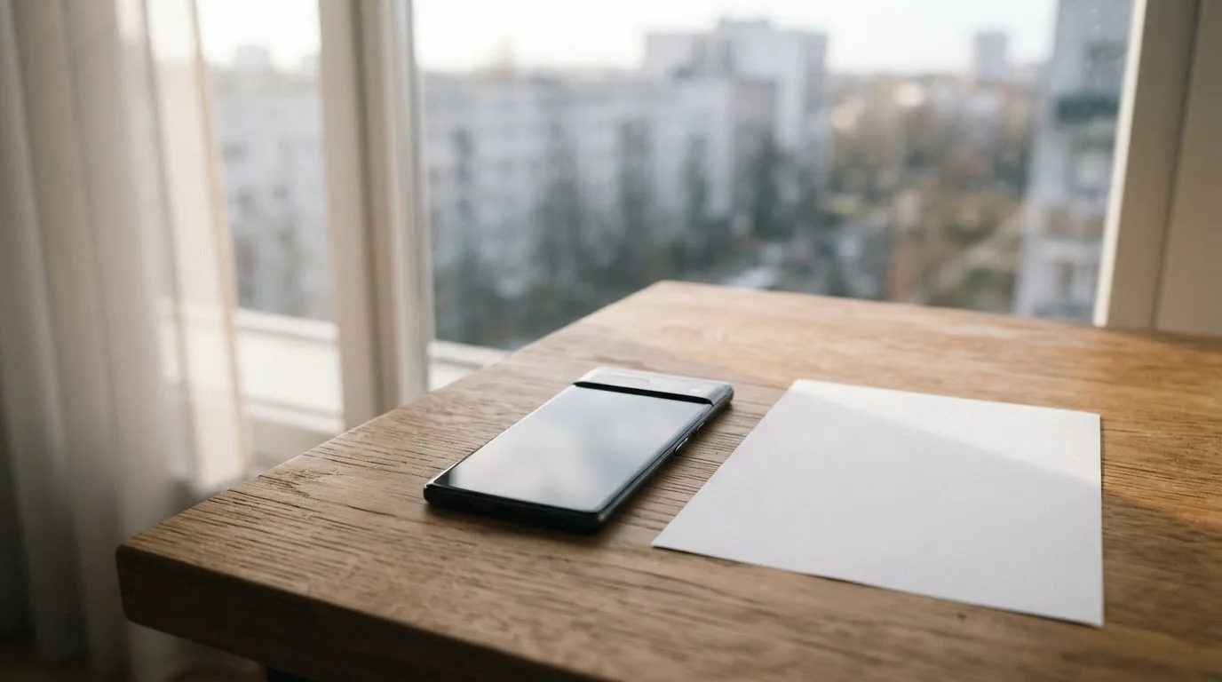 Ein Smartphone mit dunklem Display liegt neben einem leeren Papier-Wettschein auf einem Tisch am Fenster.