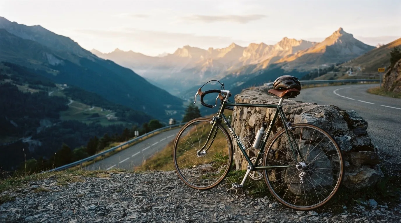 Ein Rennrad lehnt an einer Steinmauer in einer Bergkurve, im Hintergrund eine weite Hügellandschaft im Gegenlicht.