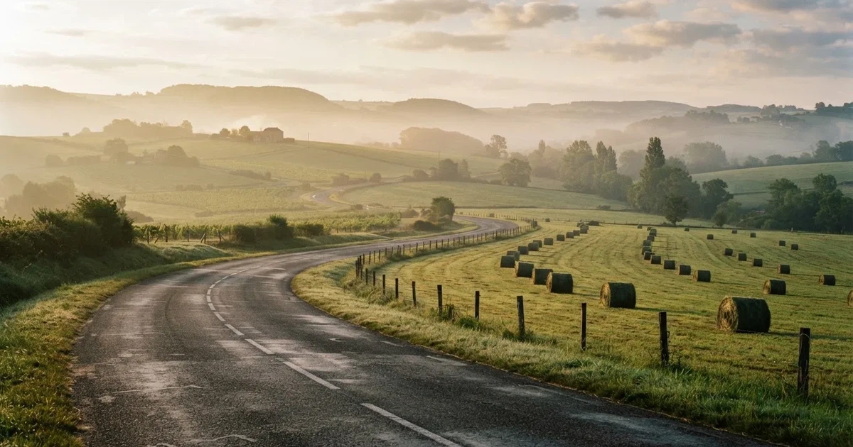 Eine Landstraße schlängelt sich durch Hügel im Morgennebel, am Straßenrand liegen Heuballen auf einem abgemähten Feld.