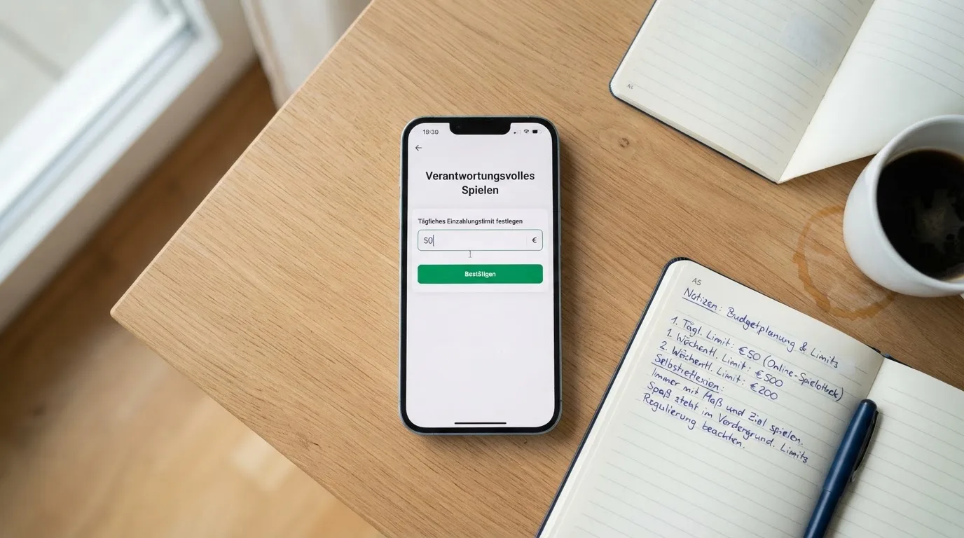 Ein Smartphone liegt auf einem Tisch neben einem Notizbuch mit handschriftlichen Notizen und einer Tasse Kaffee.