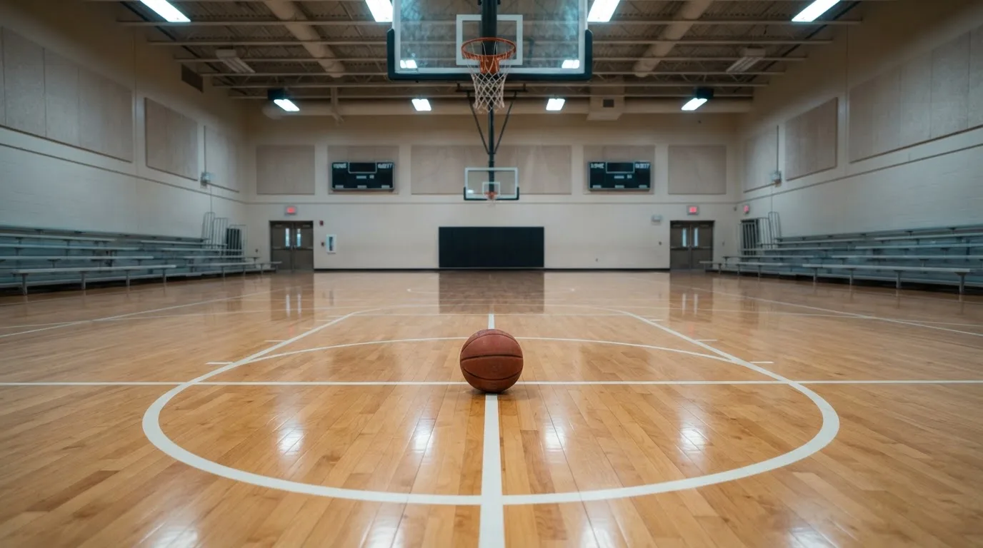 Ein Basketballkorb in einer leeren Halle, der Ball liegt unter dem Brett auf dem Parkett.