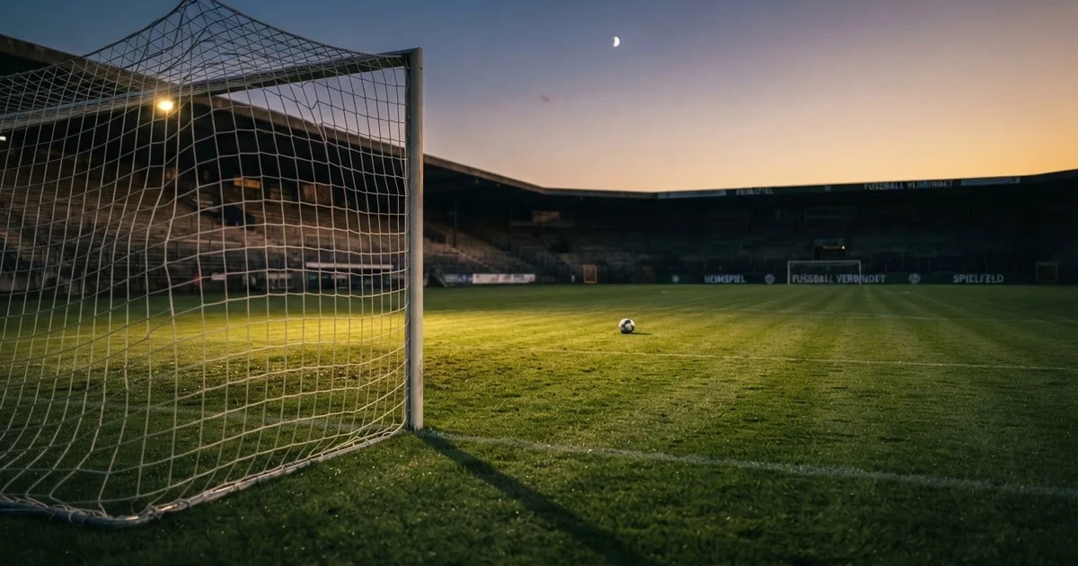 Ein Fußballtor mit Netz im Gegenlicht auf einem leeren Platz am Abend, davor ein Ball auf dem Rasen.