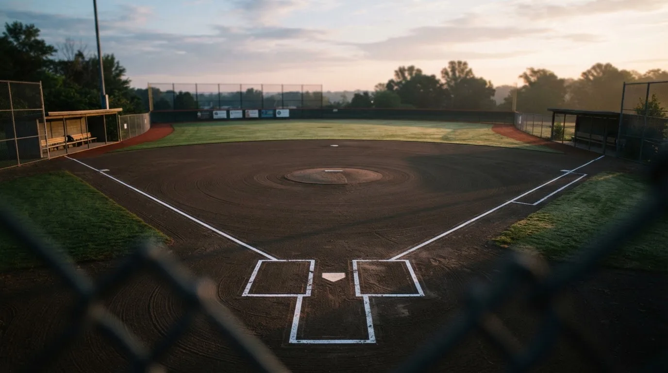 Ein Baseballfeld mit leerem Infield im Morgenlicht, die Linien frisch gezogen, keine Spieler im Bild.