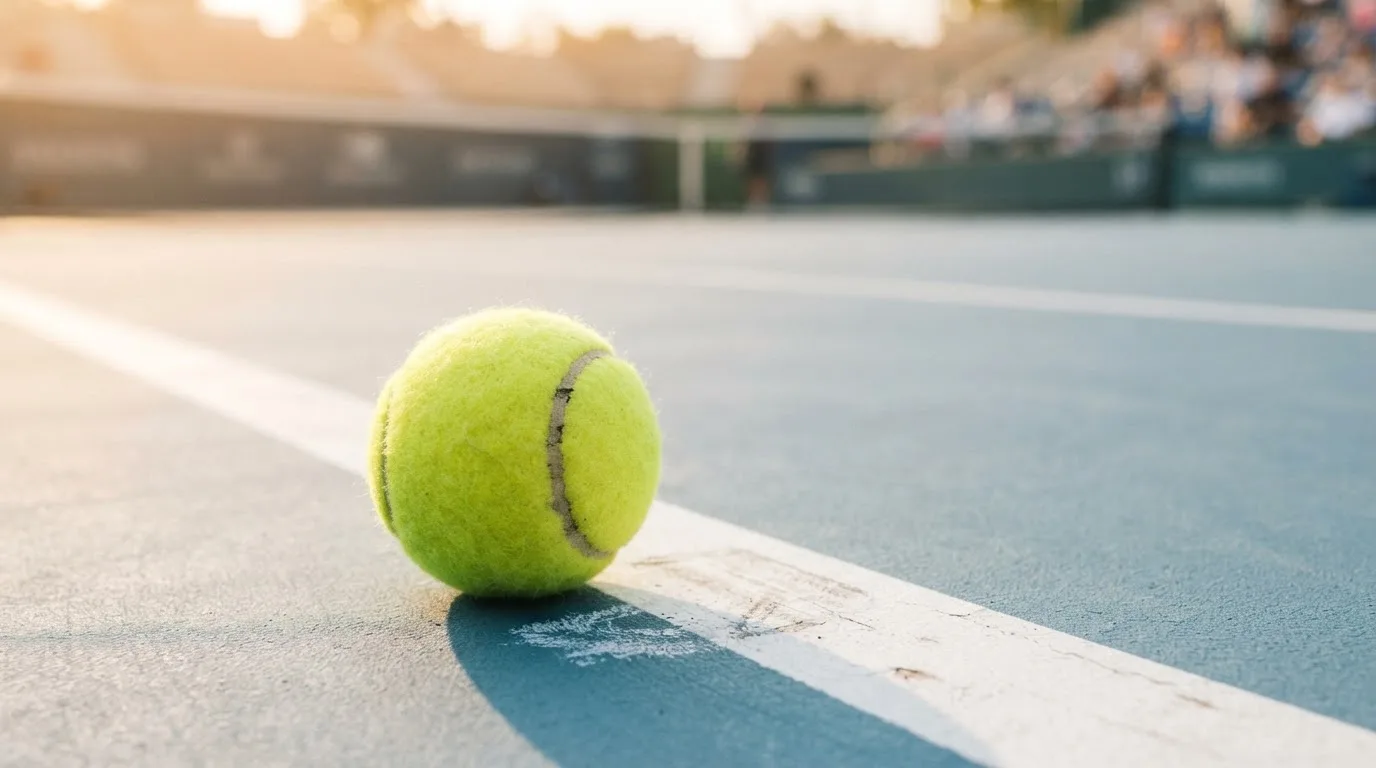 Ein Tennisball liegt in Nahaufnahme auf einer Grundlinie, dahinter verschwimmt ein leerer Platz in warmem Licht.