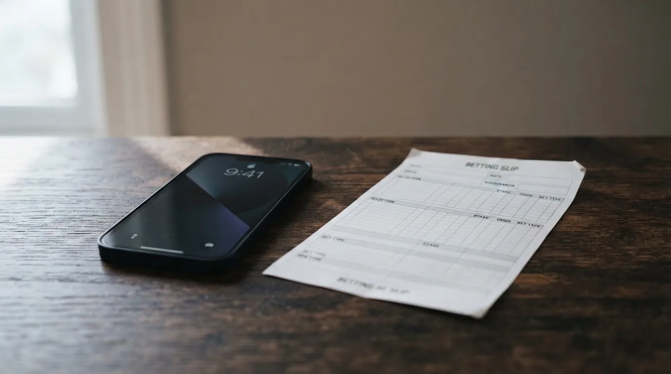 Ein Smartphone mit dunklem Display liegt neben einem leeren Papier-Wettschein auf einem Tisch, Licht fällt von der Seite.
