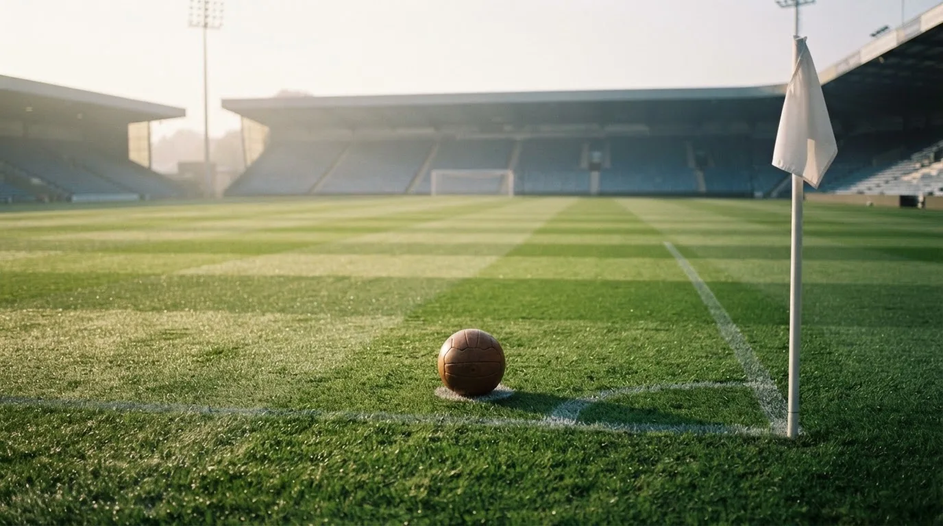 Ein Fußball liegt auf Rasen neben einer Eckfahne ohne Aufdruck auf einem leeren Platz im Morgenlicht.