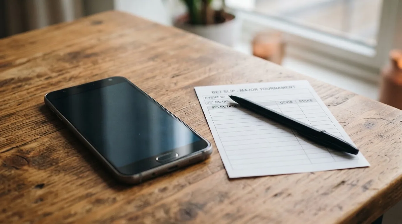Ein Smartphone liegt mit dunklem Display neben einem leeren Papier-Wettschein und einem Stift auf einem Holztisch.