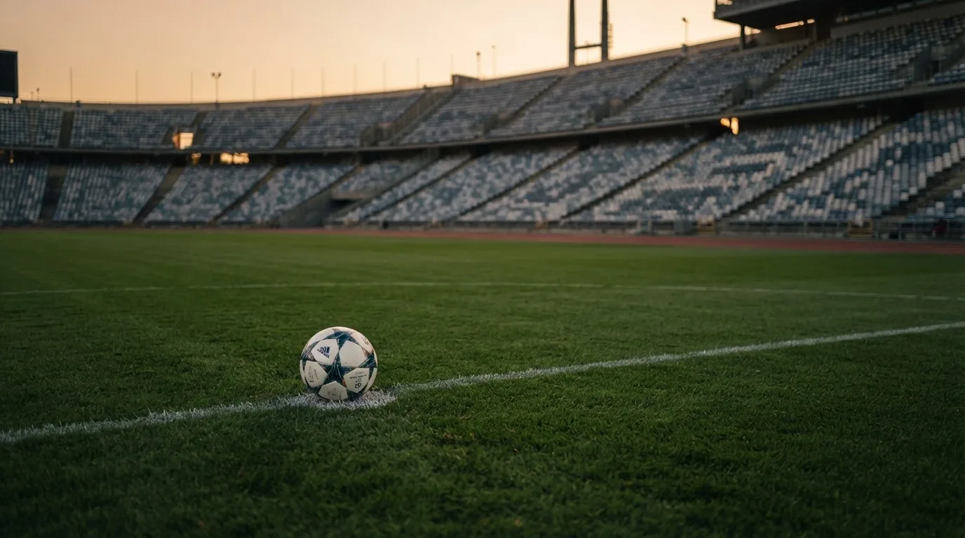 Ein Fußball liegt auf dem Anstoßpunkt eines Rasenplatzes, dahinter eine leere Tribüne im Abendlicht.