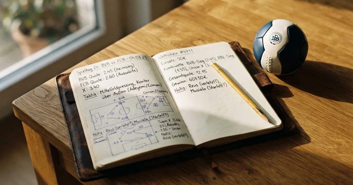 Ein Notizbuch mit handschriftlichen Notizen und einem Bleistift liegt auf einem Holztisch, daneben ein kleiner Fußball im Tageslicht.