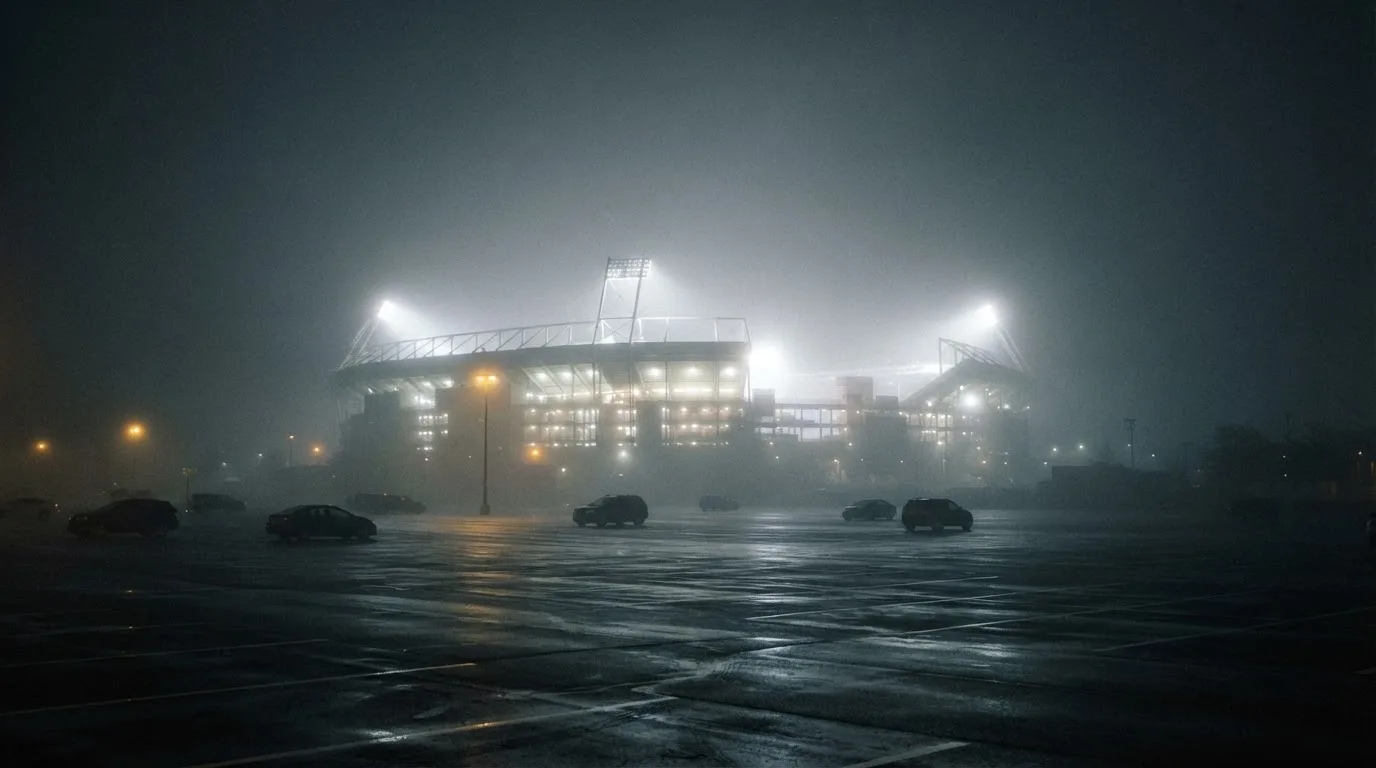 Ein Stadion unter Flutlicht aus der Ferne gesehen, davor ein stiller Parkplatz bei Nebel.