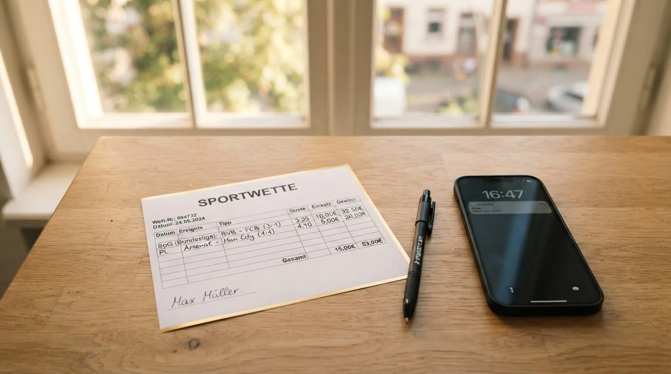 Ein leerer Papier-Wettschein und ein Kugelschreiber liegen neben einem Smartphone mit dunklem Display auf einem Schreibtisch am Fenster.