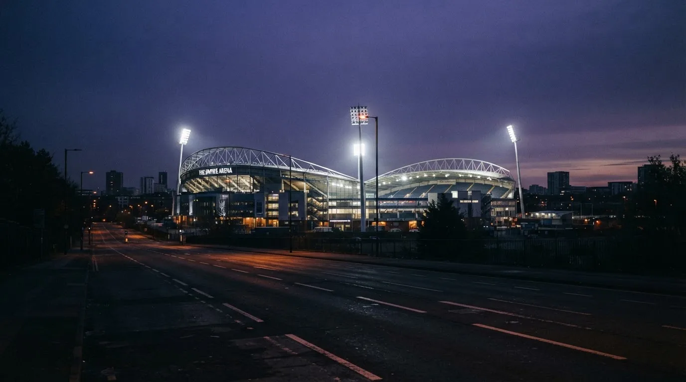 Ein Stadion unter Flutlicht aus großer Entfernung, davor eine leere Straße in der Abenddämmerung.