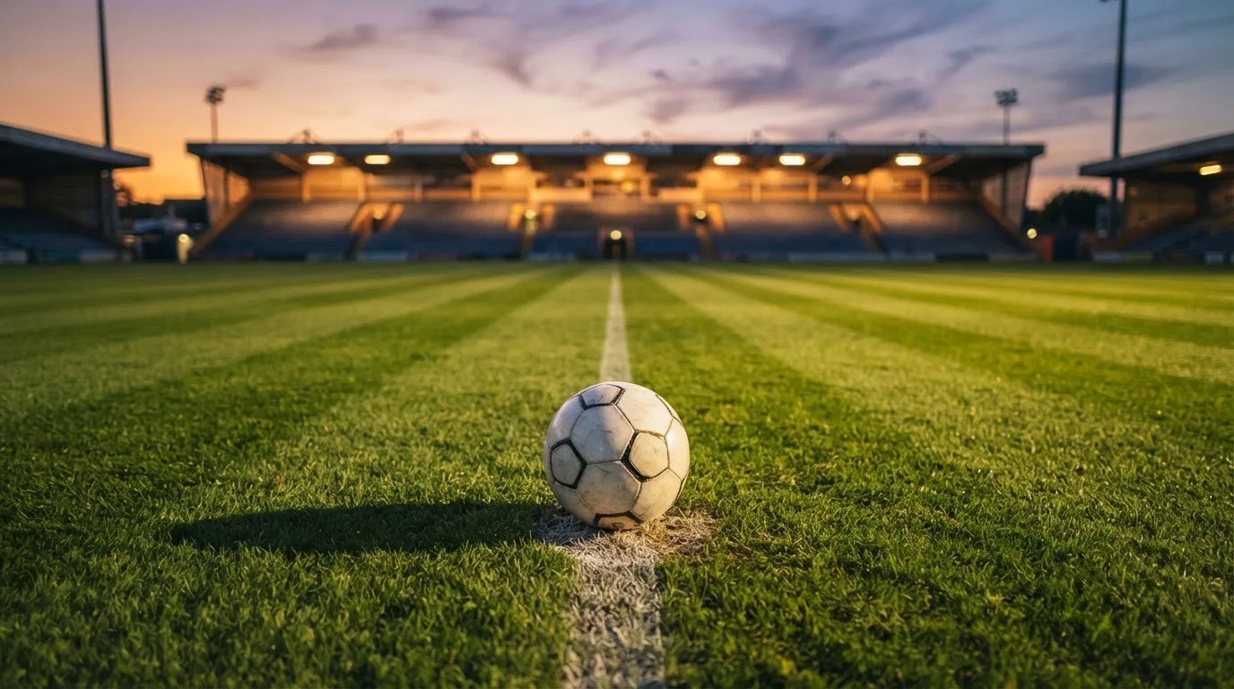 Ein Fußball liegt auf dem Anstoßpunkt eines Rasenplatzes, dahinter eine leere Tribüne im Abendlicht.