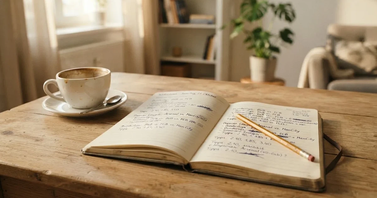 Eine Kaffeetasse, ein Notizbuch mit handschriftlichen Notizen und ein Bleistift auf einem hellen Schreibtisch am Morgen.
