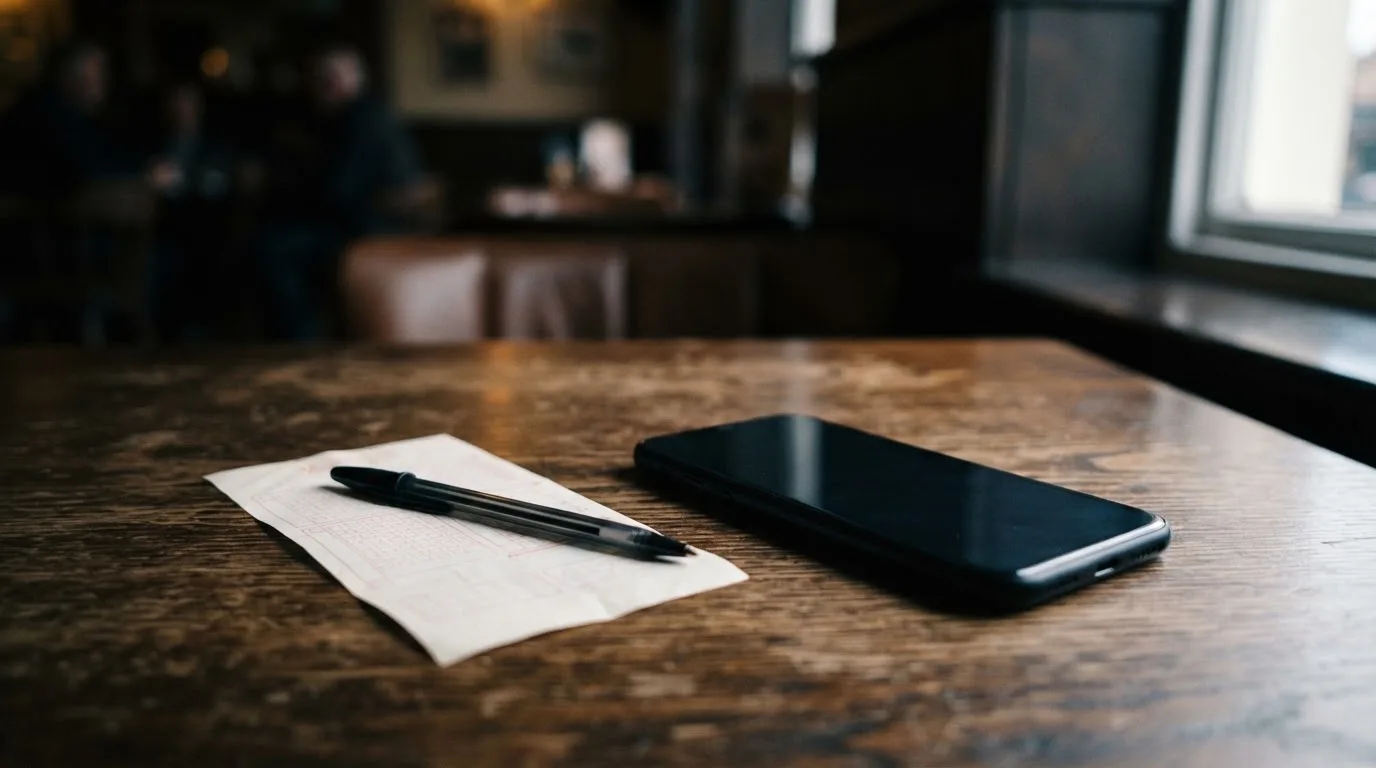Ein Smartphone mit dunklem Display liegt neben einem leeren Papier-Wettschein auf einem Holztisch, Licht fällt von der Seite.