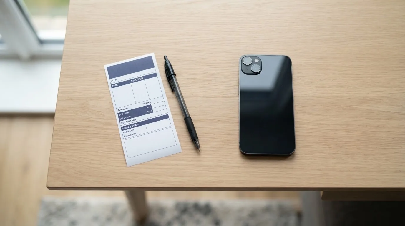 Ein leerer Papier-Wettschein und ein Kugelschreiber liegen neben einem Smartphone mit dunklem Display auf einem Schreibtisch am Fenster.