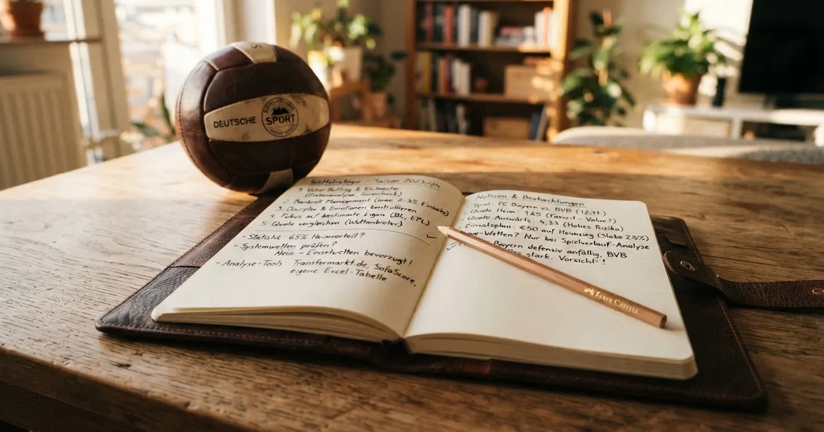 Ein Notizbuch mit handschriftlichen Notizen und einem Bleistift liegt auf einem Holztisch, daneben ein kleiner Fußball im Tageslicht.