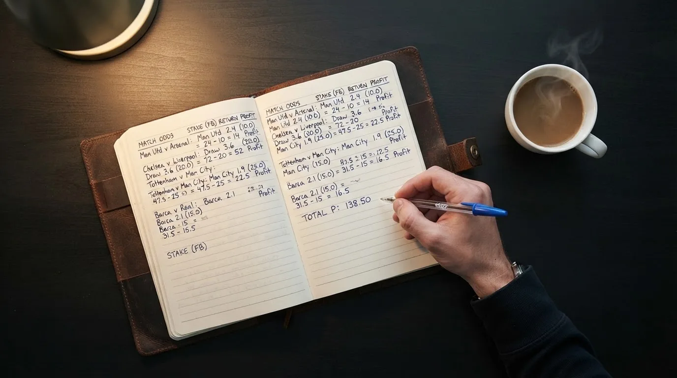 Ein Notizbuch mit handschriftlichen Notizen und ein Taschenrechner stehen auf einem Schreibtisch, daneben eine Tasse.