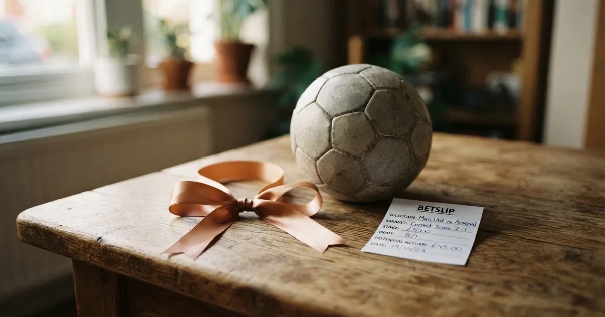 Ein kleines Geschenkband liegt neben einem Fußball und einem leeren Papier-Wettschein auf einem Holztisch im Tageslicht.