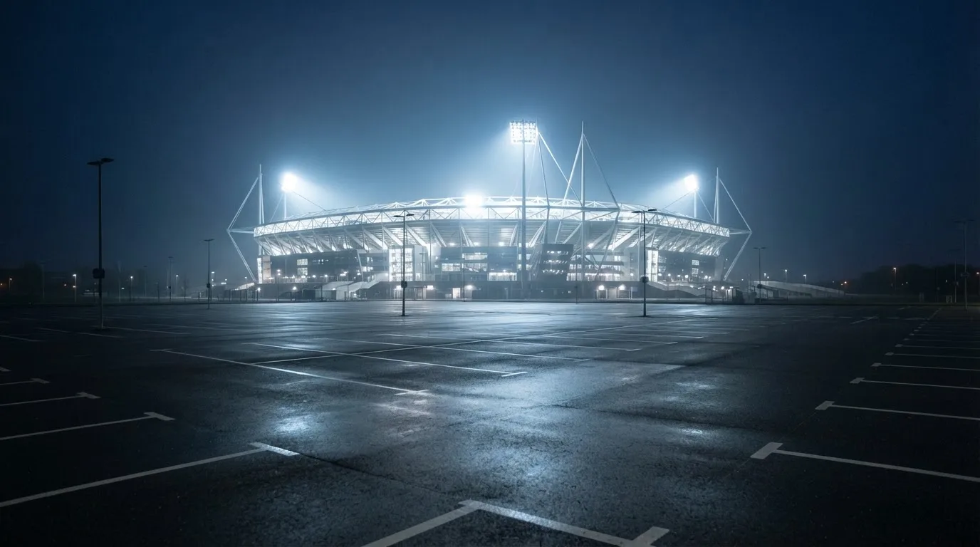 Ein Stadion unter Flutlicht aus der Ferne gesehen, davor ein leerer Parkplatz im Dunst.