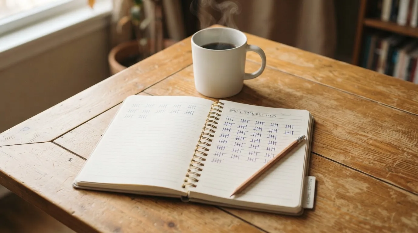 Ein Notizbuch mit handgeschriebenen Strichlisten liegt neben einem Bleistift und einer Kaffeetasse auf einem Holztisch.